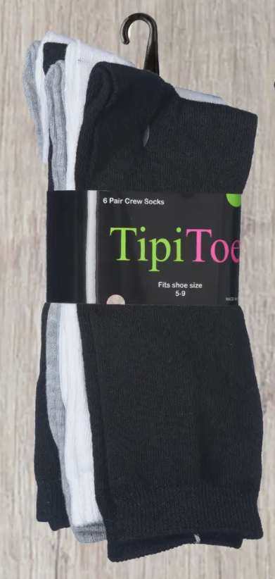 TipiToe 6 Pack Crew Socks -Black, White, Grey