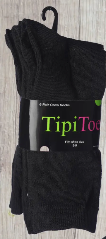 TipiToe 6 Pack Crew Socks -Black