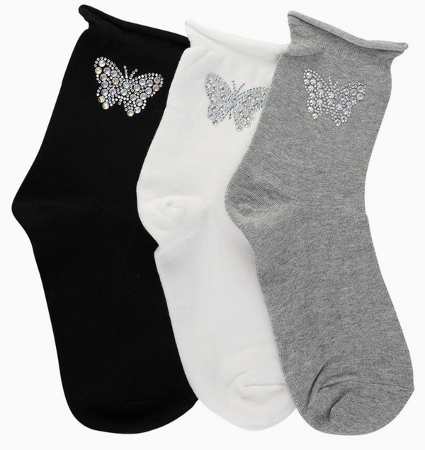 Butterfly Crystal Roll Top Crew Socks -Grey*