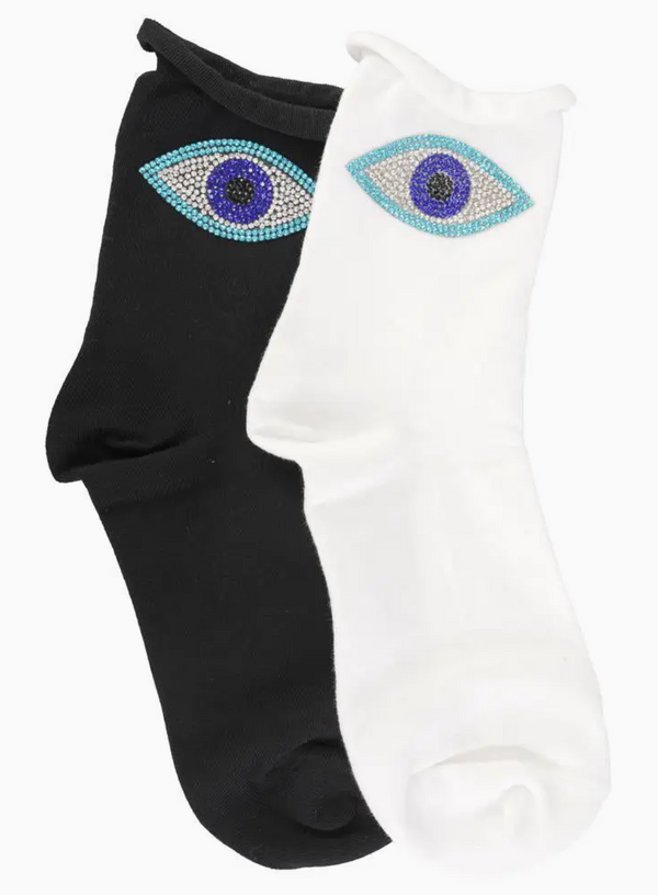 Evil Eye Crystal Roll Top Crew Socks -White*