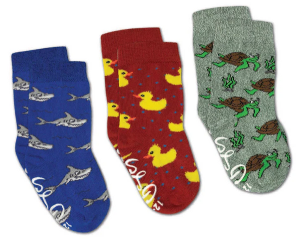 Kid's 3 Pack Rubber Ducks, Sharks and Turtles Crew Sock -1-2 Year