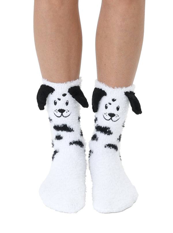 Fuzzy Crew Socks w/ 3D Ears - Dalmation Puppy Dog - White