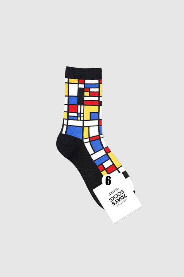 Women's Square Pattern Crew Socks -Black