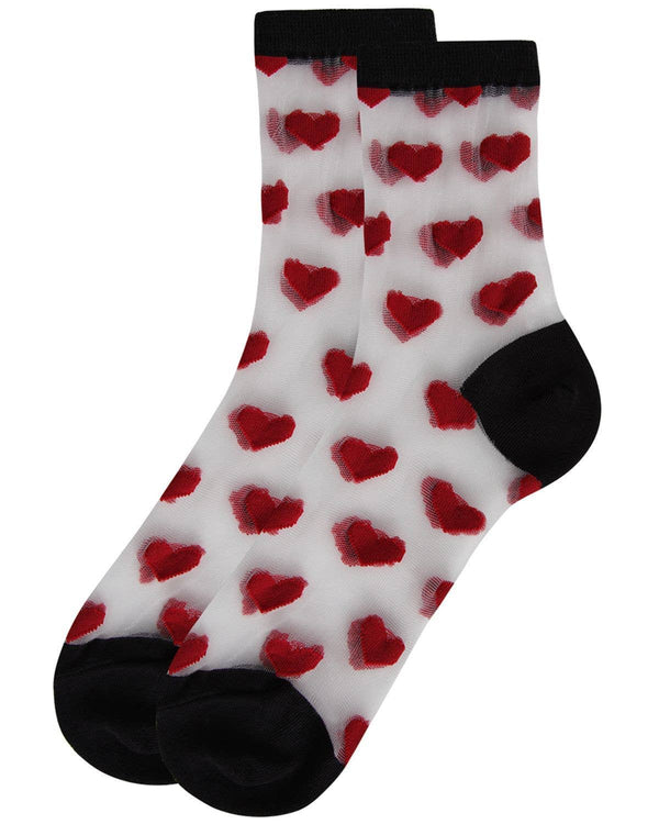 Hearts Mono Fine Net Anklet Socks -Black-Red