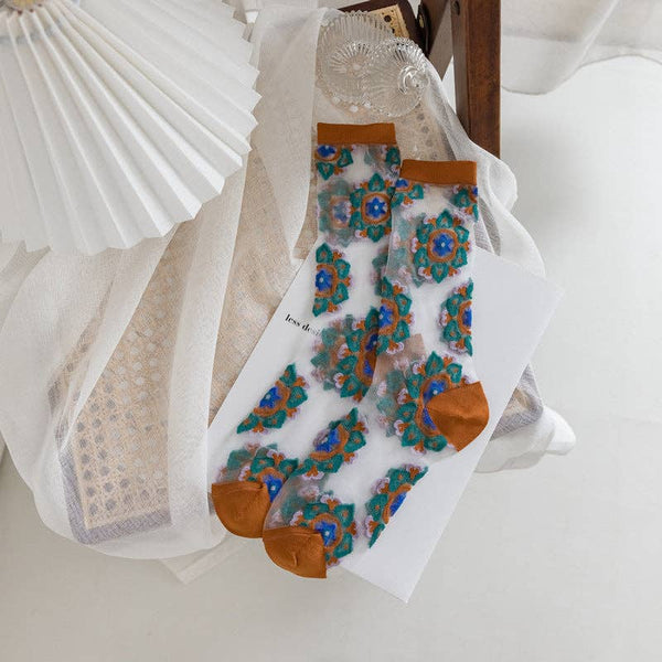 Bohemian Floral Pattern Sheer Socks -Orange