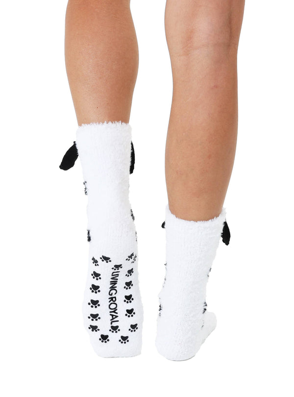 Fuzzy Crew Socks w/ 3D Ears - Dalmation Puppy Dog - White