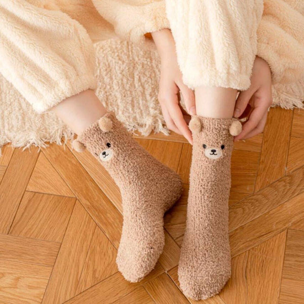 Cute Animal Print Towel Socks -BROWN BEAR / One Size