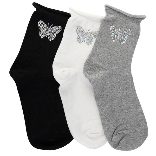Crystal Roll Top Butterfly Crew Sock -White*