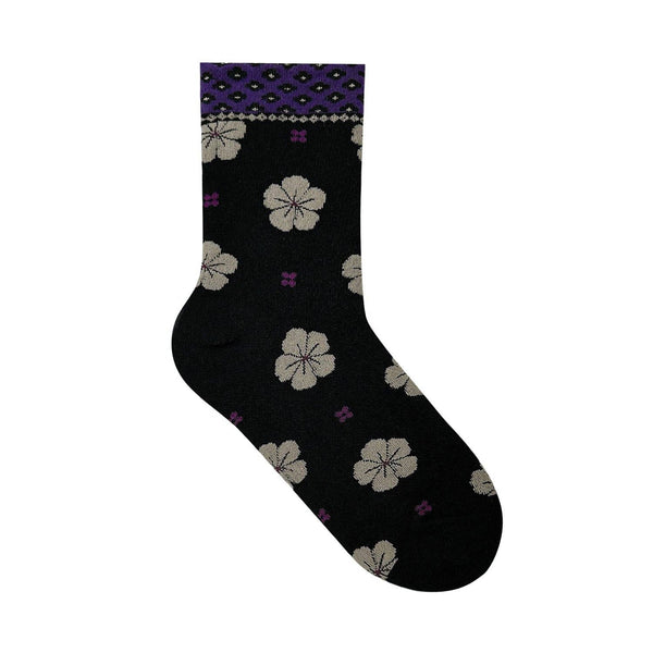 Women's Flower Pattern Crew Socks -Black