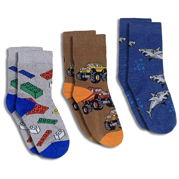 Kid's Building Blocks, Trucks and Sharks Kids Socks / 3-Pack: 7-10 Years