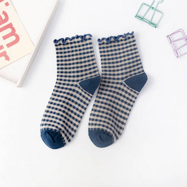 Colorful Check Pattern Lace Socks -Blue