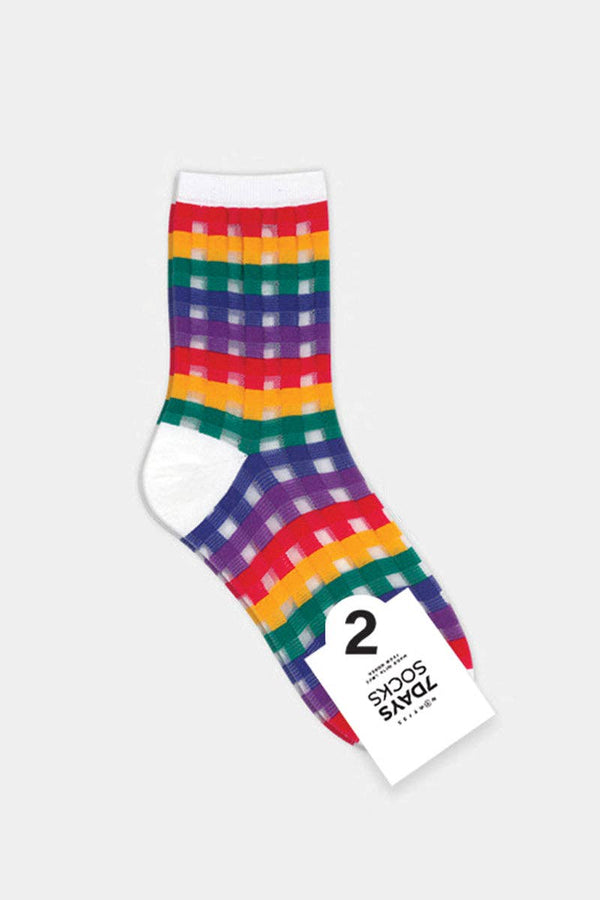 Women's Sheer Rainbow Check Socks -White