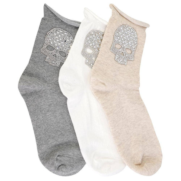 Crystal Roll Top Skull Crew Socks -Black*