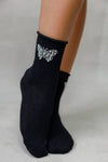Crystal Roll Top Butterfly Crew Sock -Black*