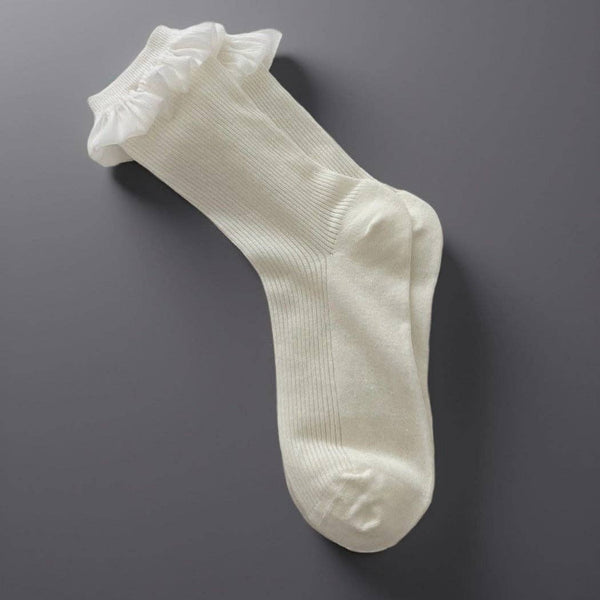 Ruffle-Trim Floral Crew Socks -White
