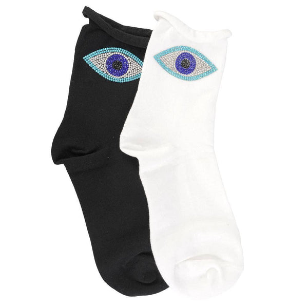 Crystal Roll Top Evil Eye Crew Sock -White*
