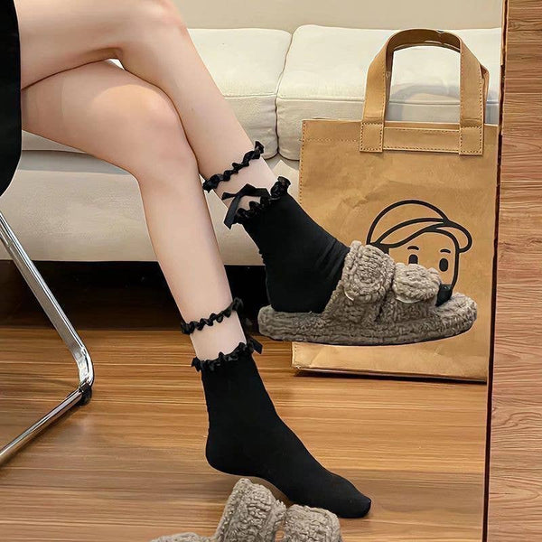 Solid Color Lace Trim Bow Socks -Black