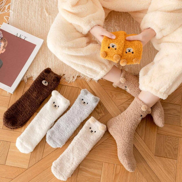 Cute Animal Print Towel Socks -BROWN BEAR / One Size