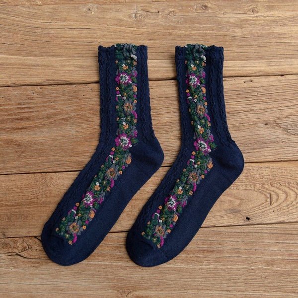 Noble Floral Beauty Crew Socks -Navy