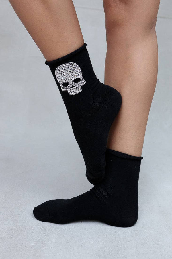 Crystal Roll Top Skull Crew Socks -Black*