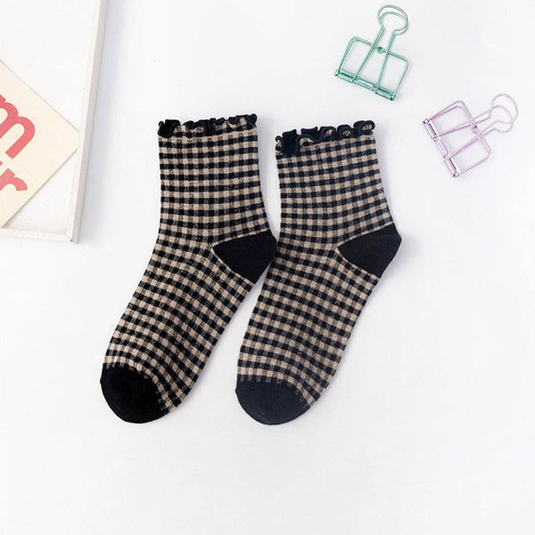 Colorful Check Pattern Lace Socks -Black