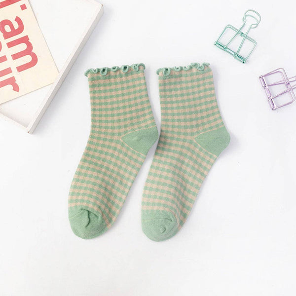Colorful Check Pattern Lace Socks -Green