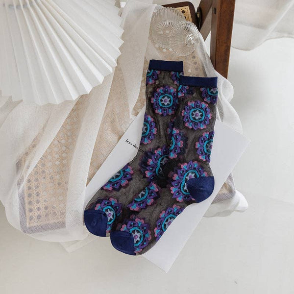 Bohemian Floral Pattern Sheer Socks -Navy