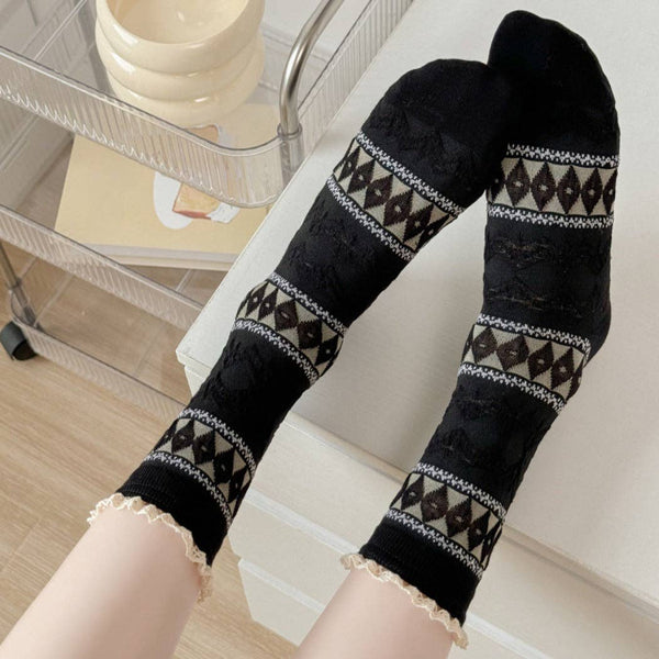 Maillard Lace Trim Crew Socks -Black