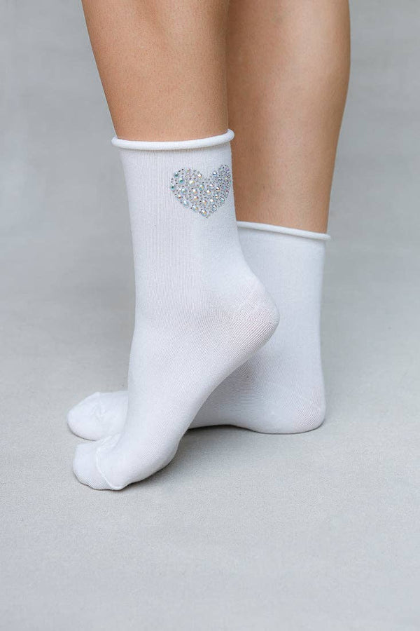 Crystal Roll Top Heart Crew Sock -Grey*