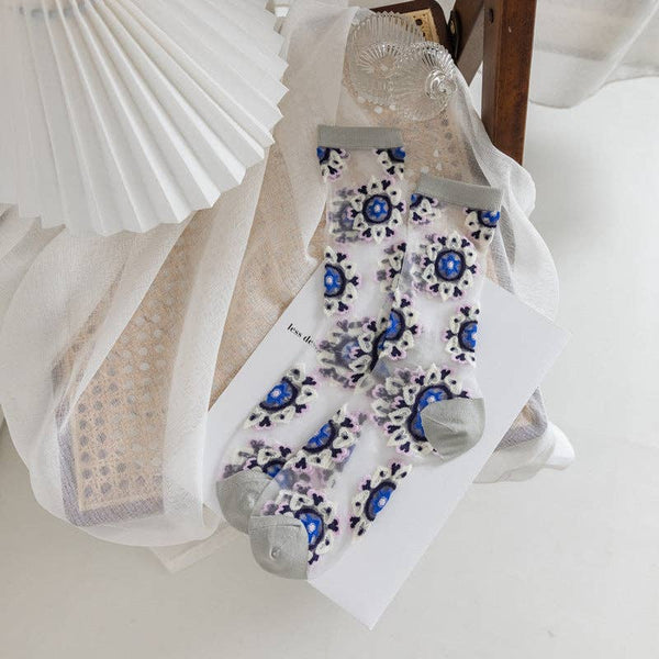 Bohemian Floral Pattern Sheer Socks -Grey