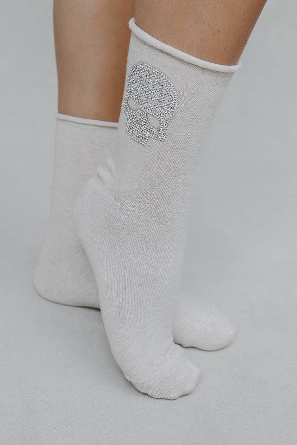 Crystal Roll Top Skull Crew Socks -White*