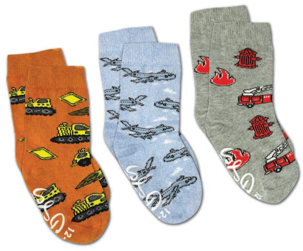 Kid's 3 Pack Airplanes, Construction, and Firefighter Crew Sock -2-4 Years