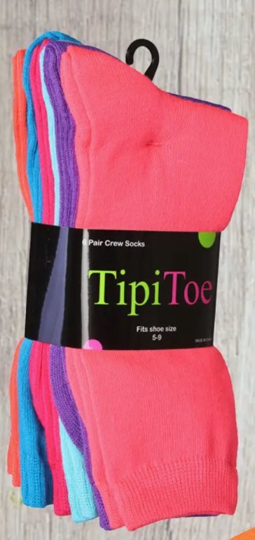 TipiToe 6 Pack Crew Socks -Brights