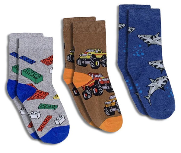 Kid's 3 Pack Building Blocks, Monster Trucks and Sharks Crew Sock -2-4 Years