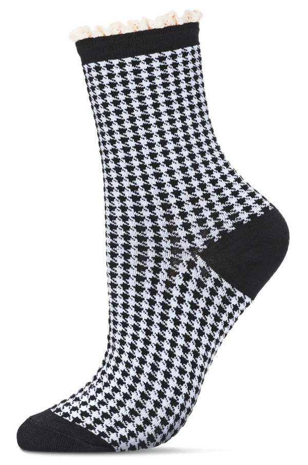 Women's Houndstooth Lace Cuff Crew Socks -Black & White