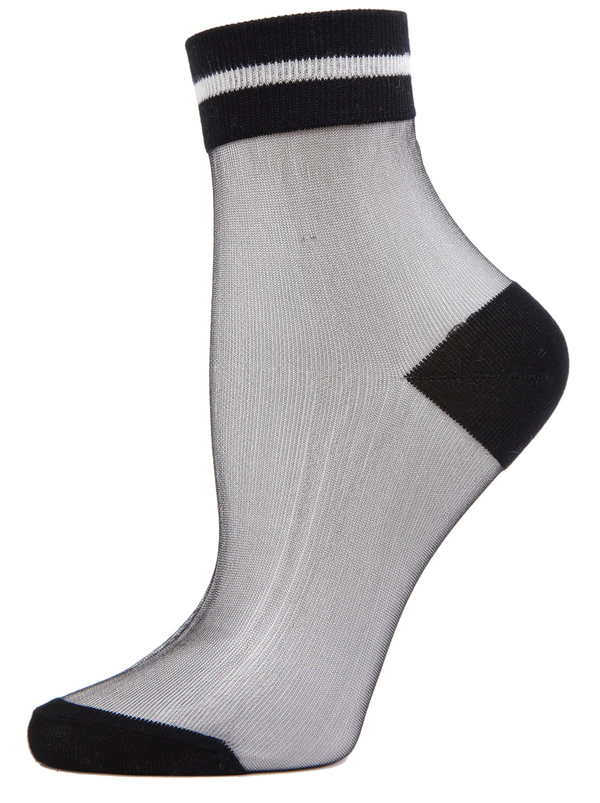 Women's Sheer Striped Cuff Ankle Socks -Black
