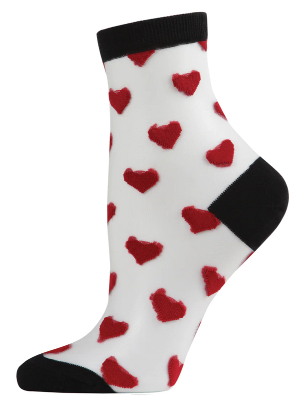 Women's Hearts Mono Fine Net Semi Sheer Crew Socks -Black/Red