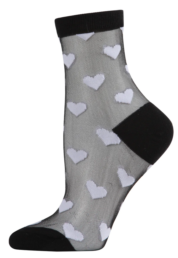 Women's Hearts Mono Fine Net Semi Sheer Crew Socks -Black/White