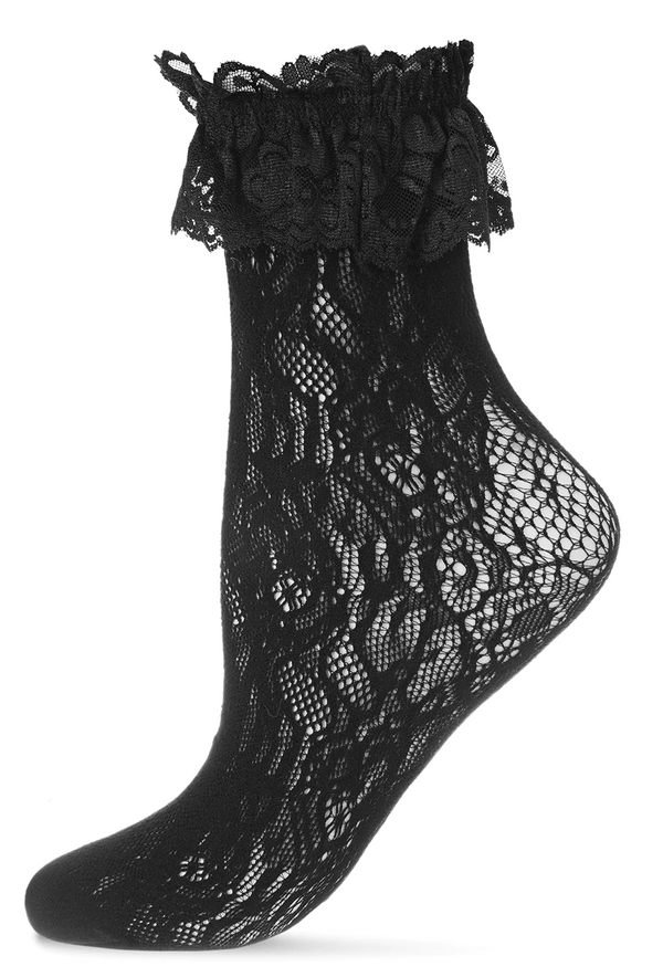 Women's Allover Lace Ruffle Crew Socks -Black