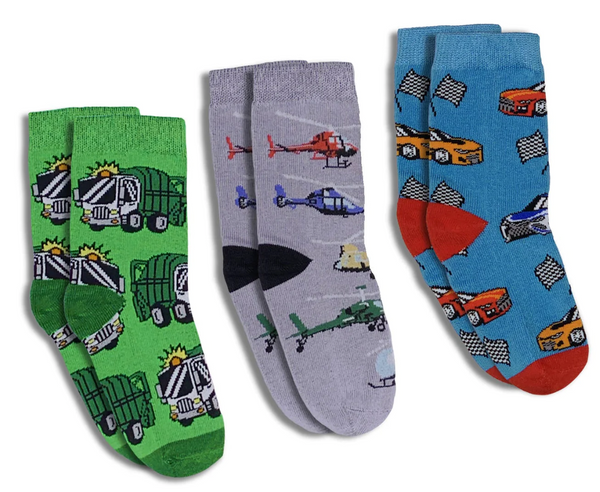 Kid's 3 Pack Trucks, Helicopters and Race Cars Crew Sock -2-4 Years
