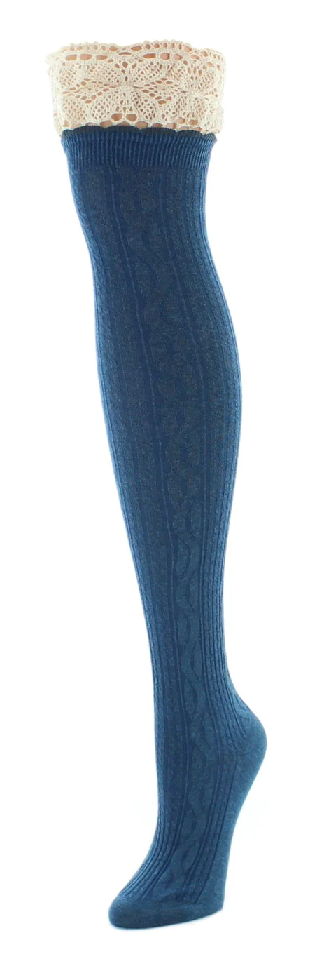 Women's Lace Top Cable Knit Over the Knee Socks -Legion Blue Heather