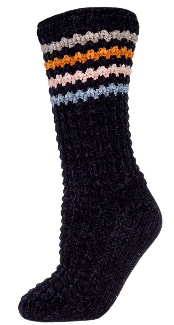 Women's Chunky Stripes Plush Lined Slipper Sock -Black