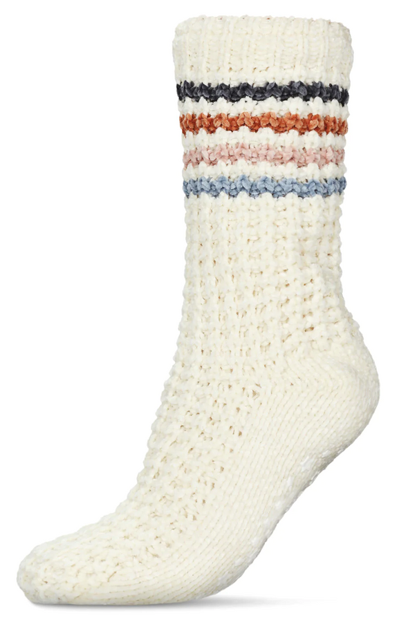 Women's Chunky Stripes Plush Lined Slipper Sock -Ivory