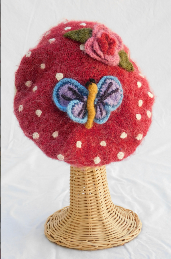 Mushroom Beret With Flowers and Butterfly