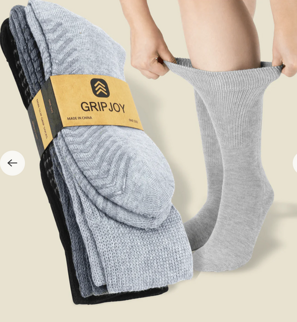 Gripjoy 3 Pack Diabetic Grip Socks -Black and Grey Combo -Small/Medium