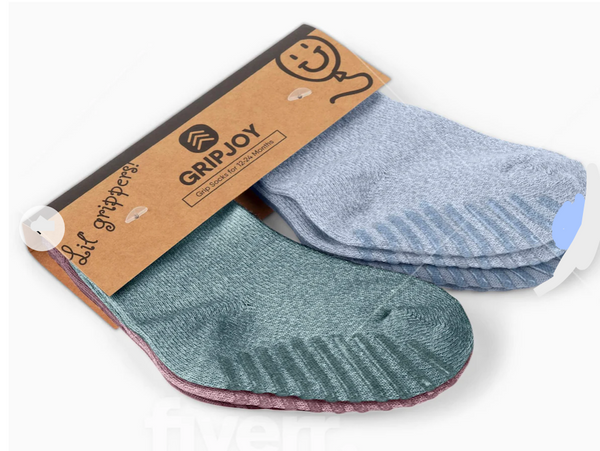 Gripjoy 4 Pack Crew Non-Slip Grip Socks for Toddlers-Green, Blue, Maro