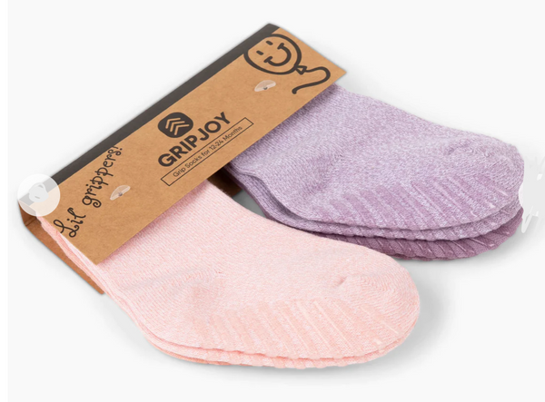 Gripjoy 4 Pack Crew Non-Slip Grip Socks for Toddlers-Pink Purple- 2-4 Years Old