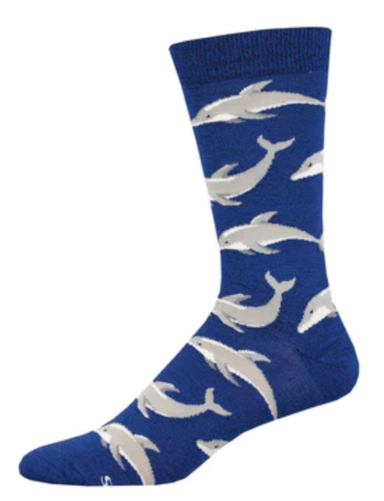 Men's Bamboo Joyous Dolphin Crew Sock - Blue