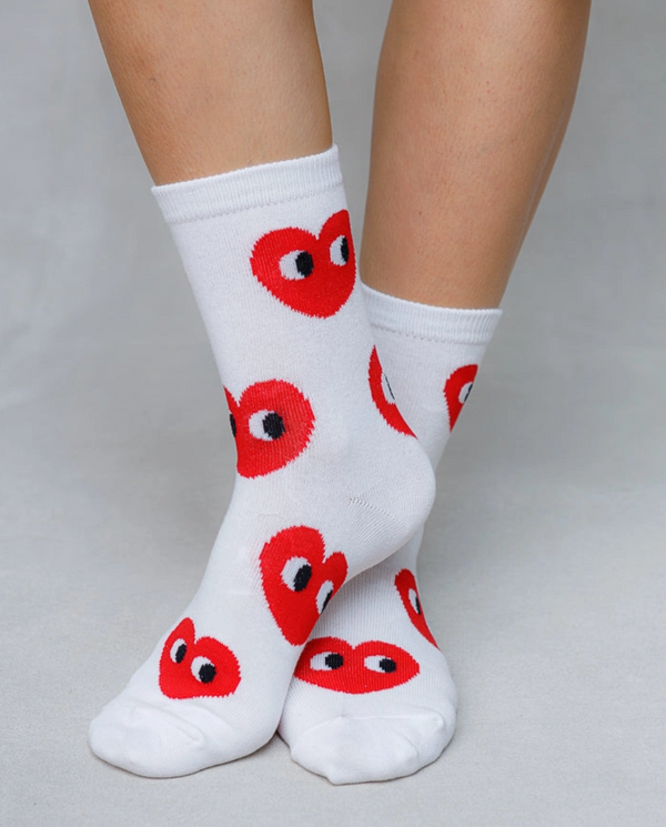 Hearts with Google Eyes Crew Socks - White*