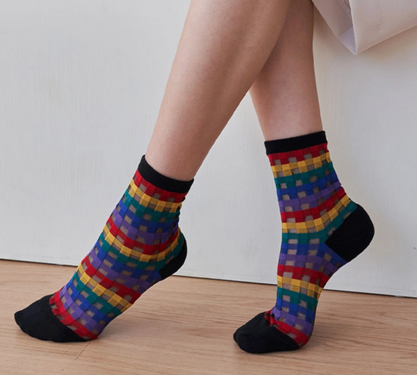 Women's See Through Rainbow Check Crew Socks -Black